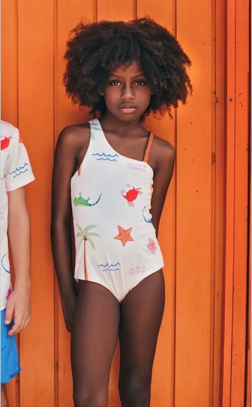Pepita & Me Marea girls 7/8  one piece bathing swimsuit braided bronze strap cre